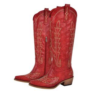 Knee High Cowgirl Boots Wide Calf Embroidered Western Pull On
